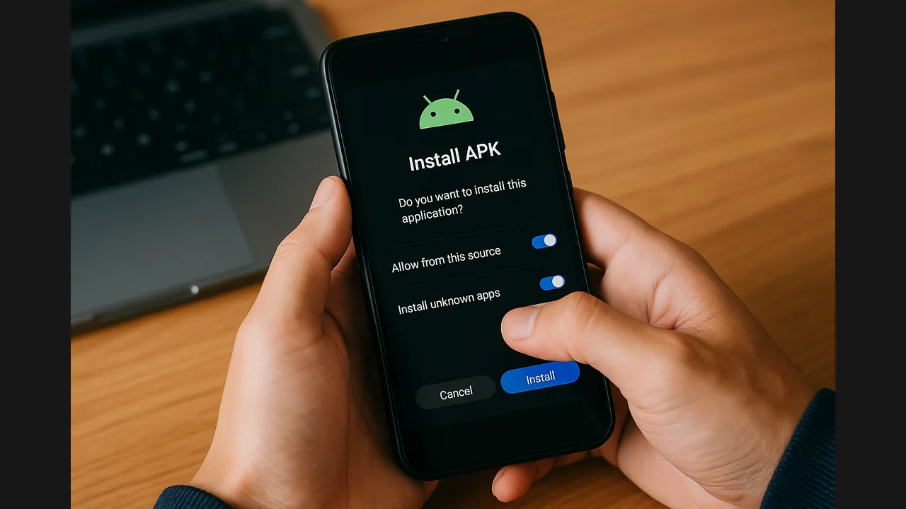 A hand holding an Android phone showing an Install APK prompt with an Install button