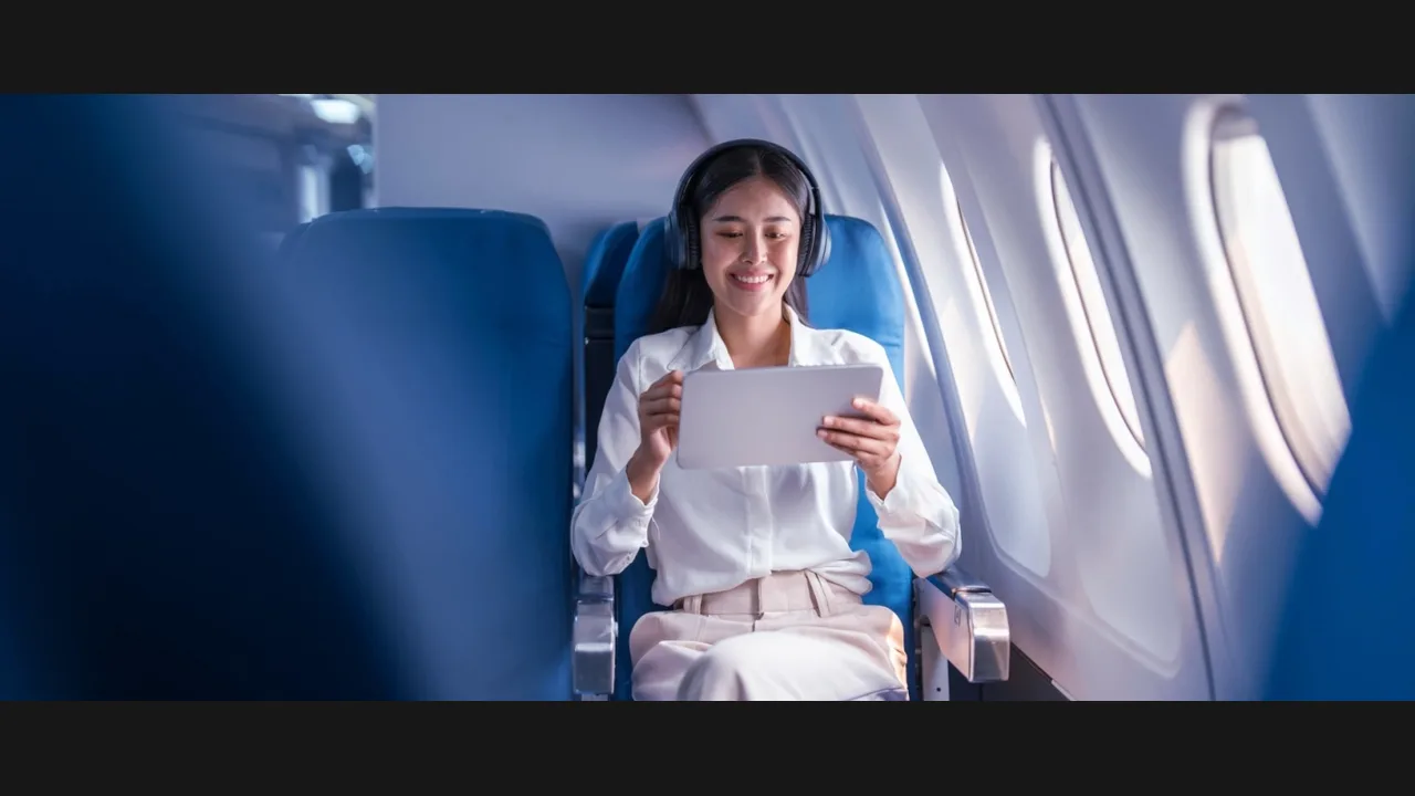 A woman wearing headphones watching a tablet in an airplane seat