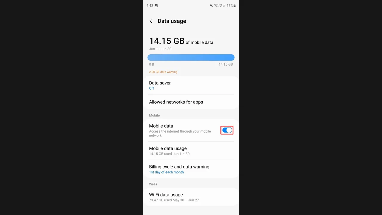An Android phone screen showing mobile data usage of 14.15 GB and a Data saver setting